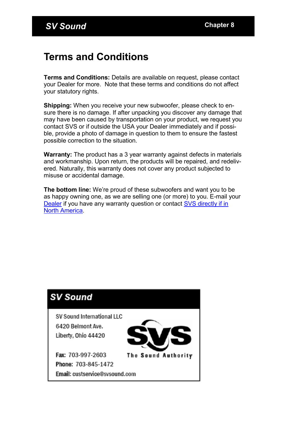 Terms and conditions, Sv sound | SV Sound PB10-NSD User Manual | Page 12 / 12