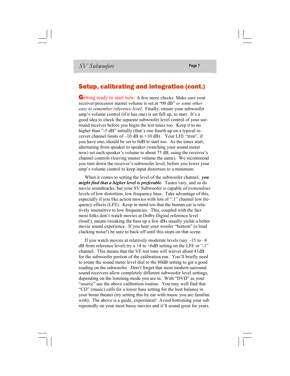 Setup, calibrating and integration (cont.) g, Sv subwoofers | SV Sound 20-39CS User Manual | Page 7 / 12