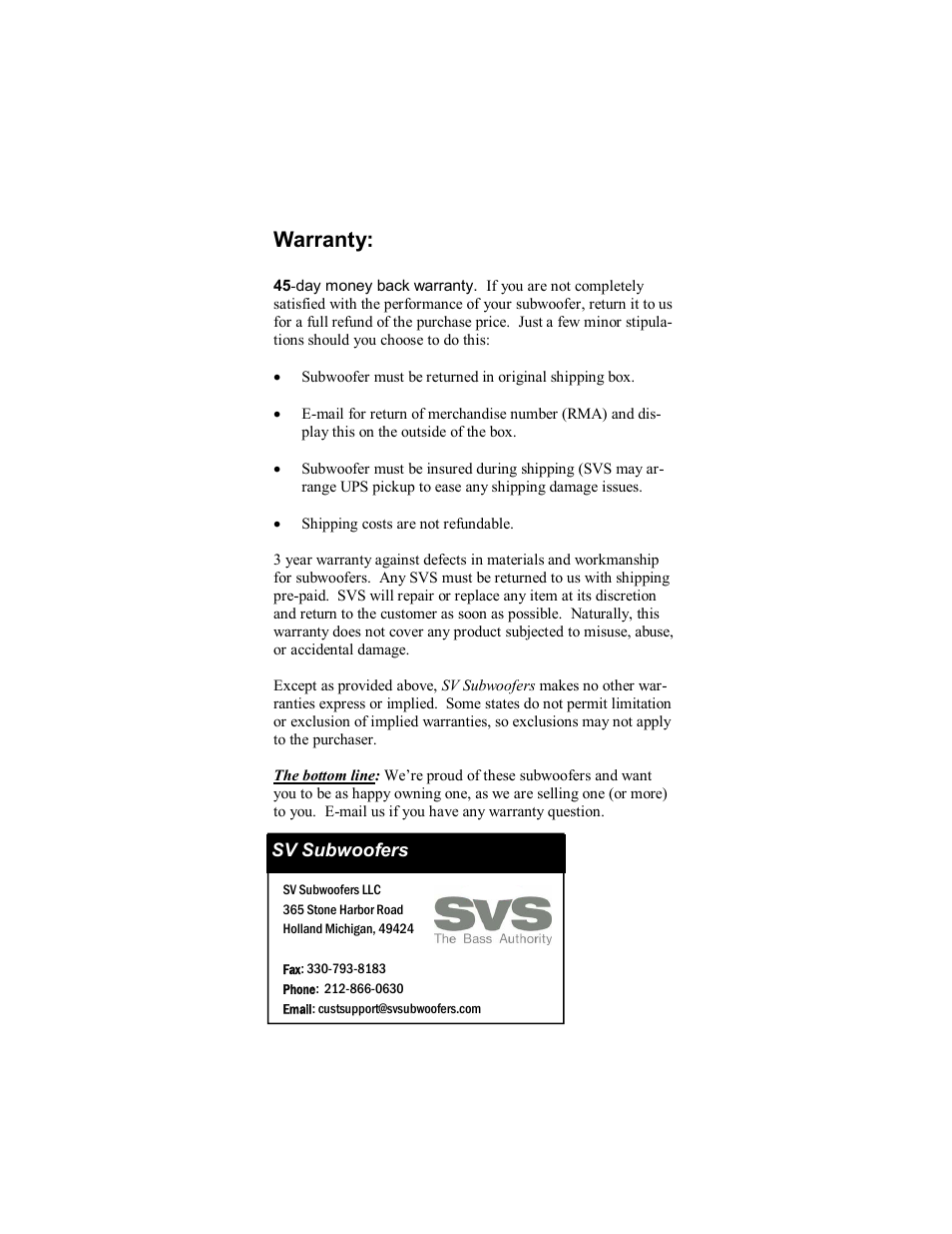 Warranty | SV Sound SV User Manual | Page 12 / 12