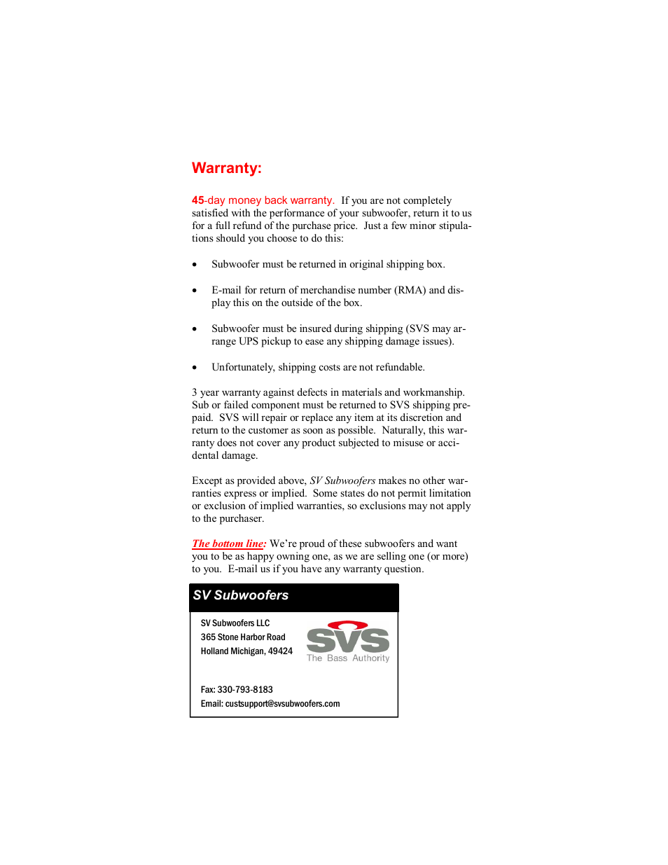 Warranty | SV Sound 25-31PC+ User Manual | Page 12 / 12
