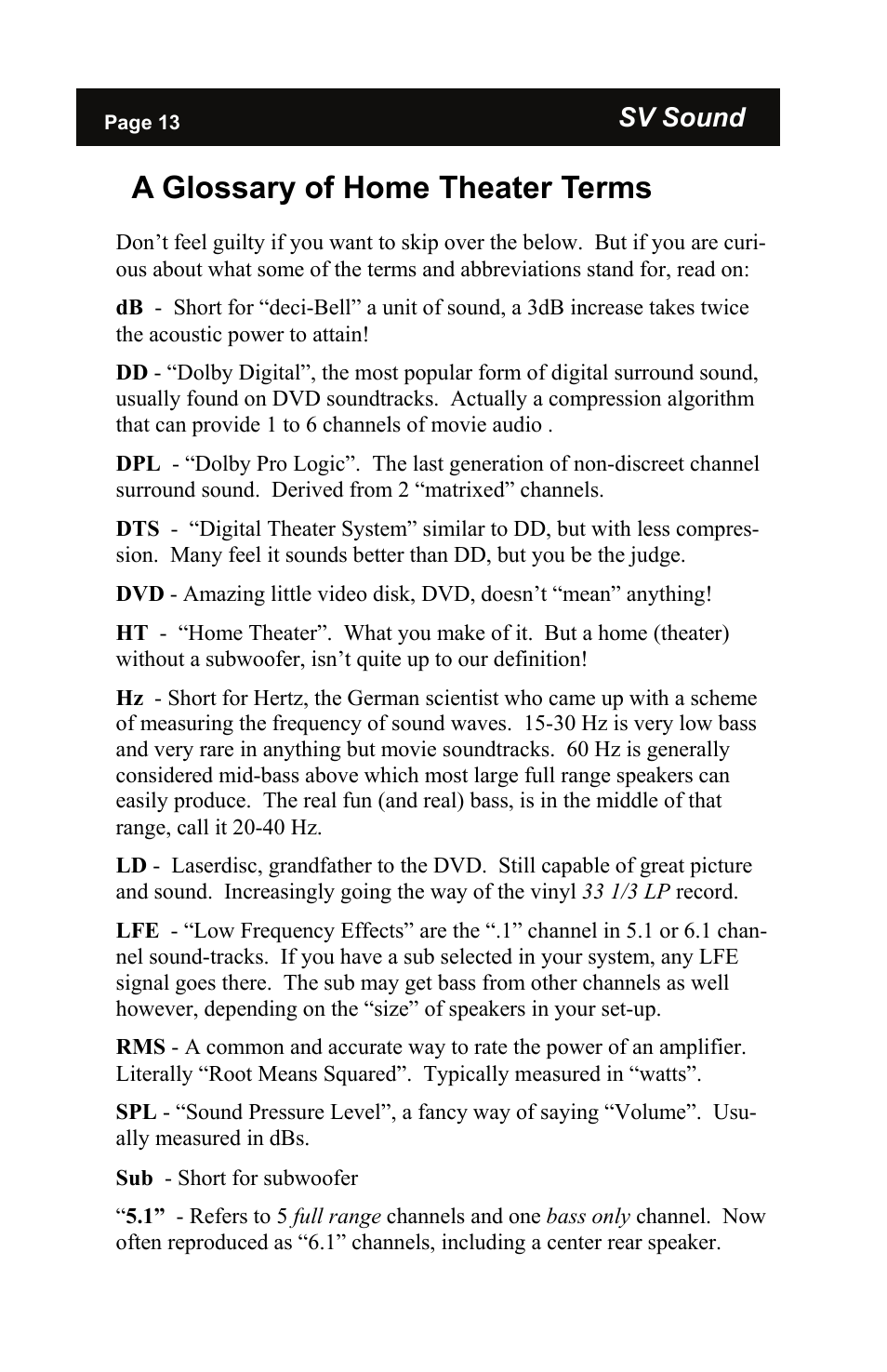 A glossary of home theater terms | SV Sound PB12-NSD/2 User Manual | Page 13 / 16