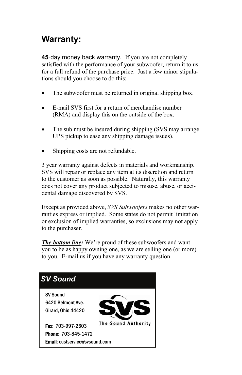 Warranty | SV Sound PB12-NSD/2 User Manual | Page 16 / 16