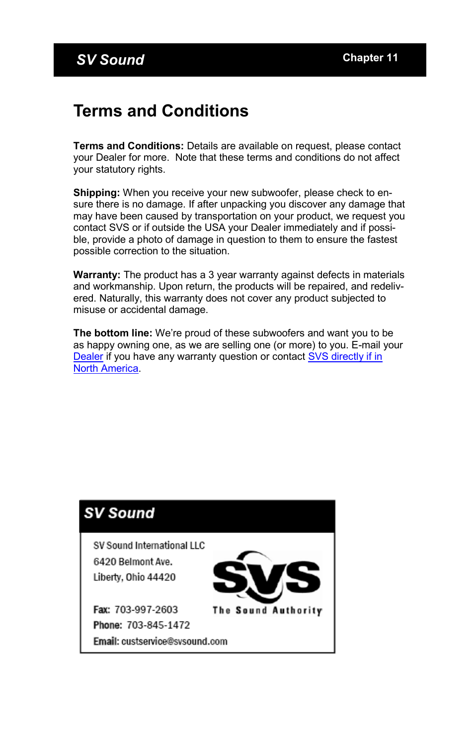 Terms and conditions, Sv sound | SV Sound PB13 User Manual | Page 22 / 22