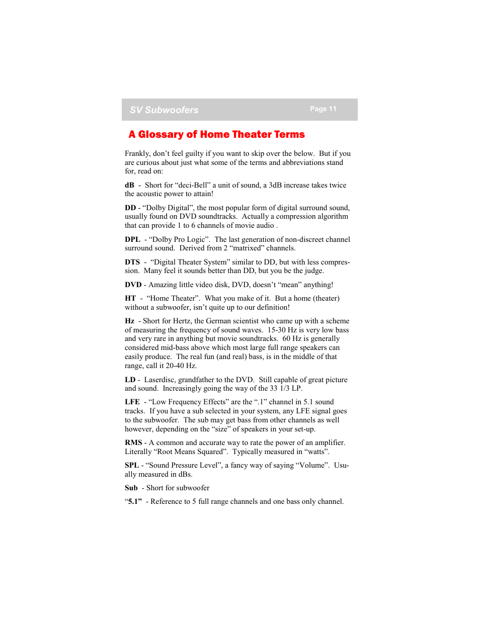 A glossary of home theater terms | SV Sound 16-46PCi User Manual | Page 11 / 12