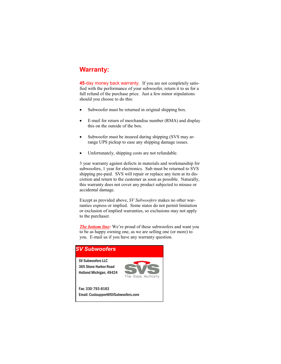 Warranty | SV Sound 16-46PCi User Manual | Page 12 / 12