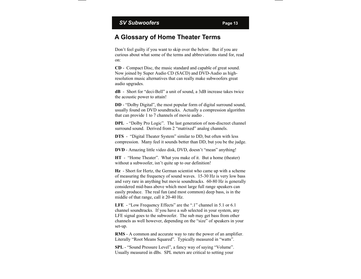 A glossary of home theater terms | SV Sound PB10-ISD User Manual | Page 13 / 16