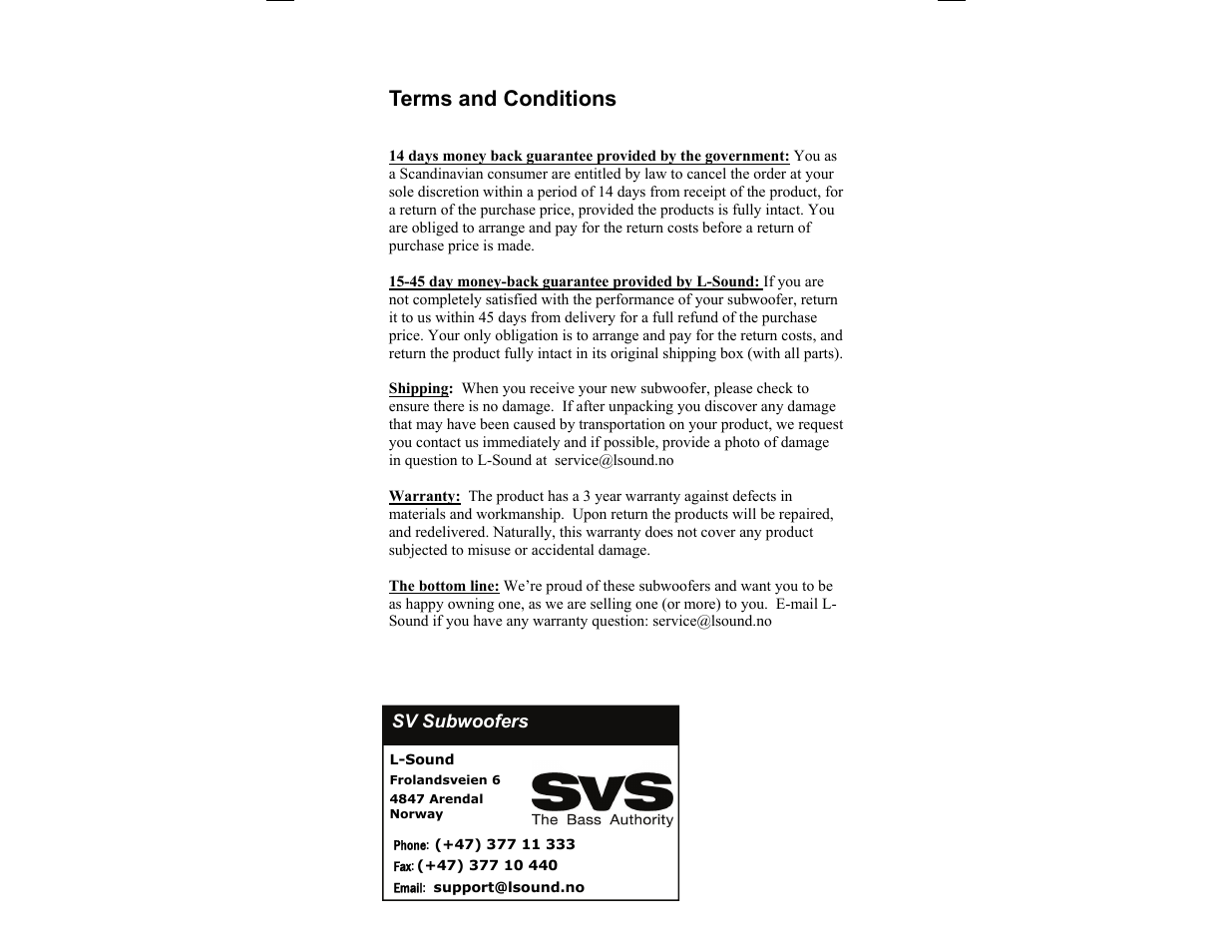 Terms and conditions | SV Sound PB10-ISD User Manual | Page 16 / 16