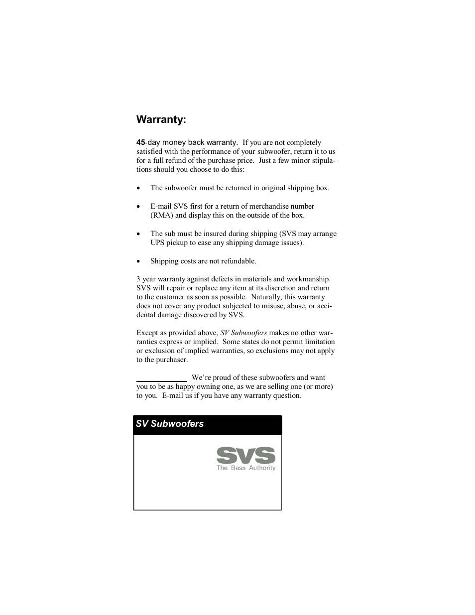 Warranty | SV Sound PC-Ultra User Manual | Page 16 / 16