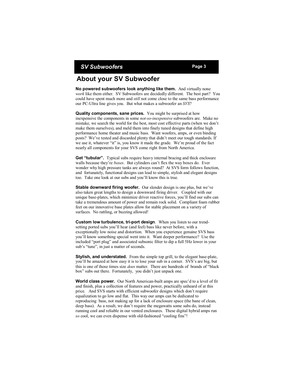 About your sv subwoofer | SV Sound PC-Ultra User Manual | Page 3 / 16