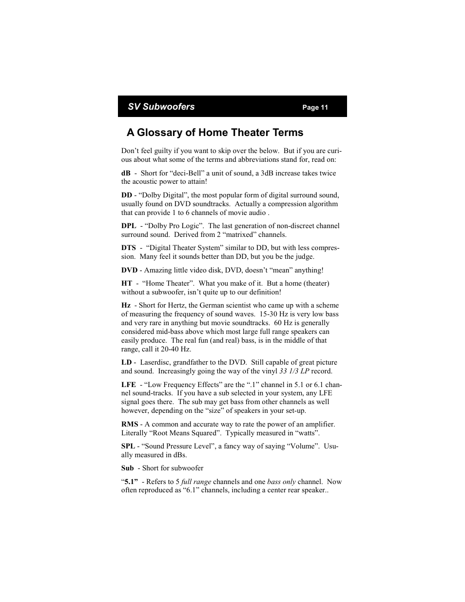 A glossary of home theater terms | SV Sound Subwoofers User Manual | Page 11 / 12