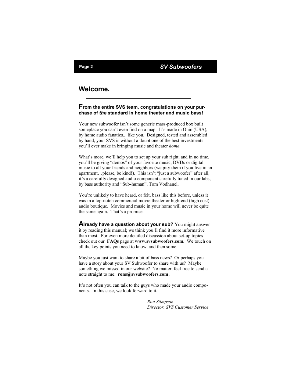 Welcome | SV Sound Subwoofers User Manual | Page 2 / 12