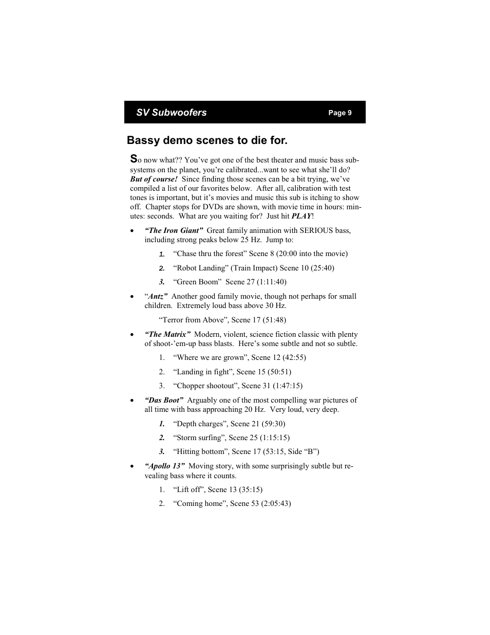 Bassy demo scenes to die for. s | SV Sound Subwoofers User Manual | Page 9 / 12