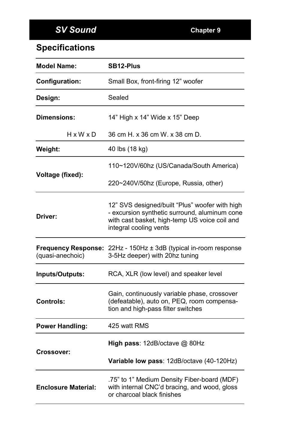 Sv sound, Specifications | SV Sound SB12-Plus User Manual | Page 18 / 19