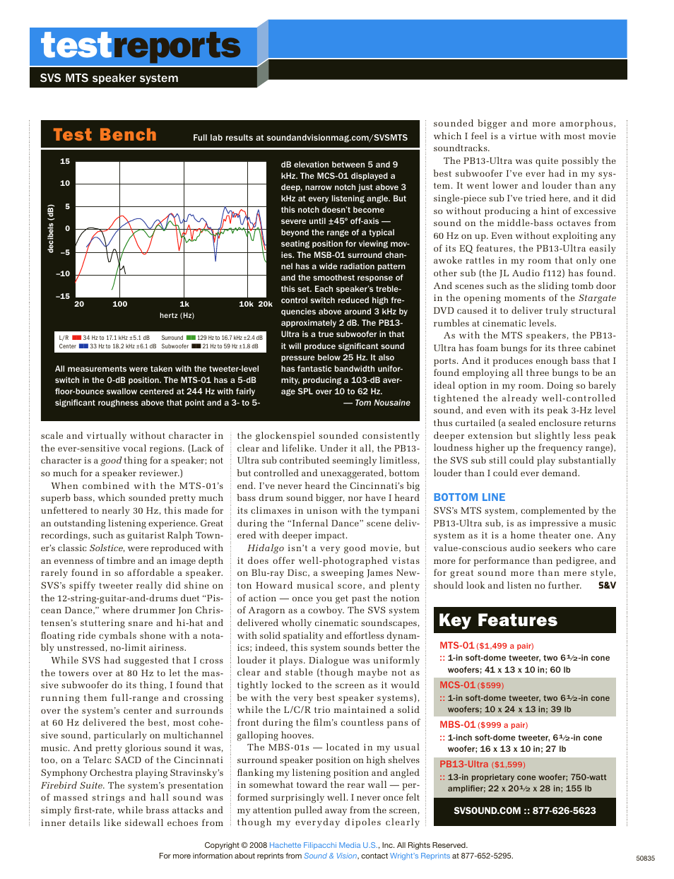 Test reports, Key features test bench, Svs mts speaker system | SV Sound MTS-01 User Manual | Page 2 / 2