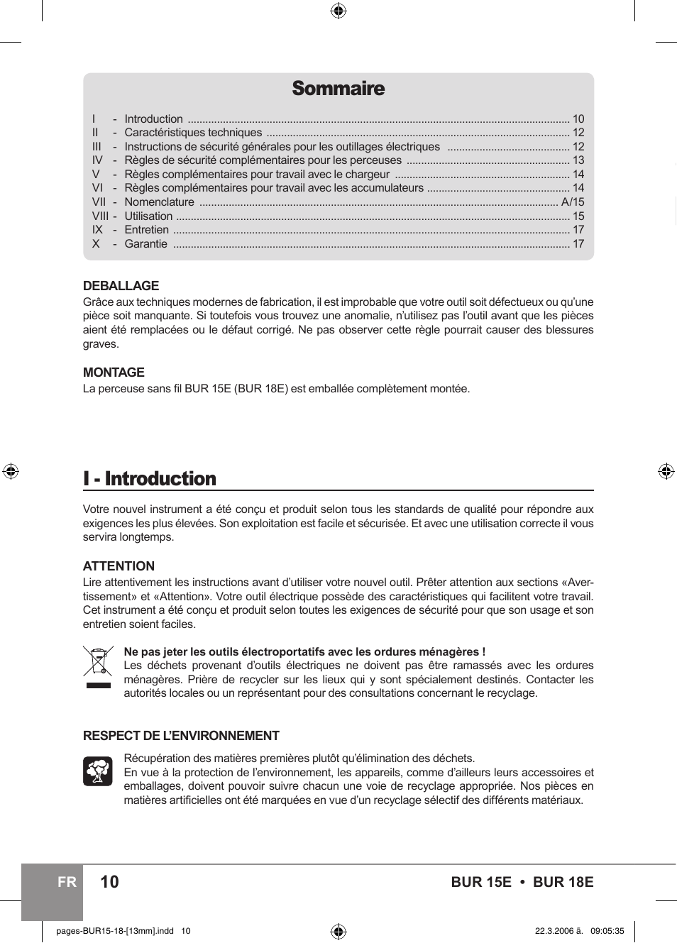 Sommaire, I - introduction | Sparky Group BUR 15E User Manual | Page 10 / 40