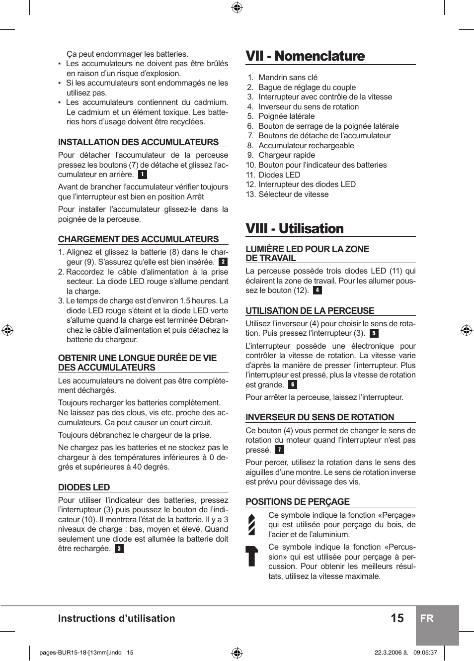 Vii - nomenclature, Viii - utilisation, Instructions d’utilisation fr | Sparky Group BUR 15E User Manual | Page 15 / 40