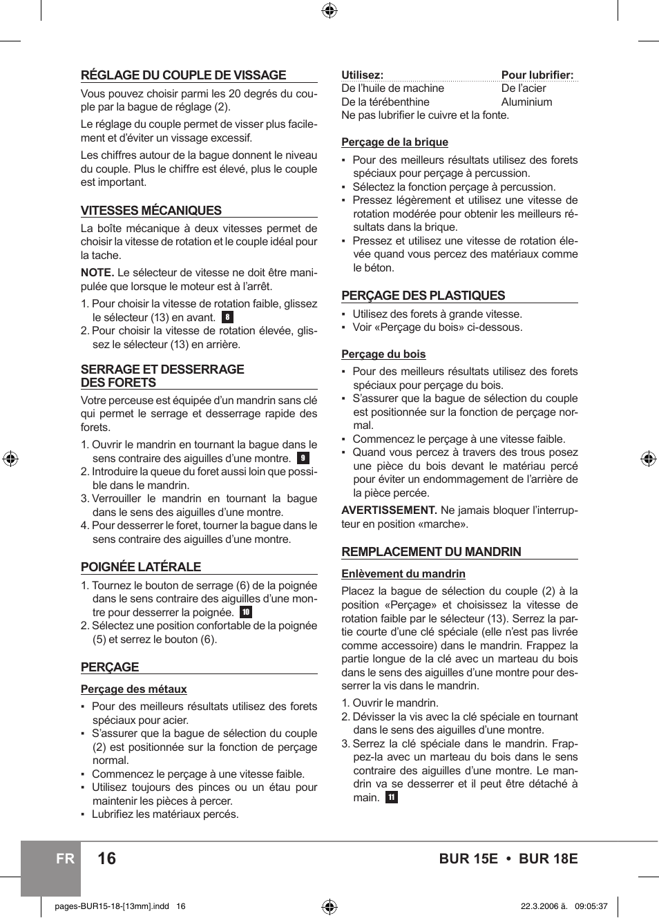 Bur 15e • bur 18e fr | Sparky Group BUR 15E User Manual | Page 16 / 40
