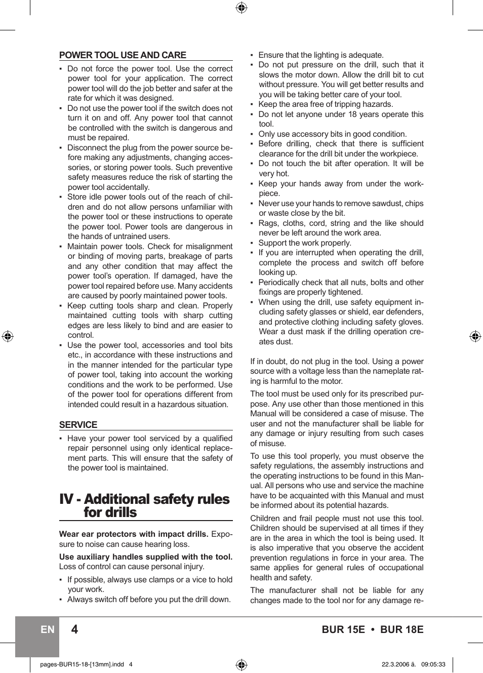 Iv - additional safety rules for drills, Bur 15e • bur 18e en | Sparky Group BUR 15E User Manual | Page 4 / 40