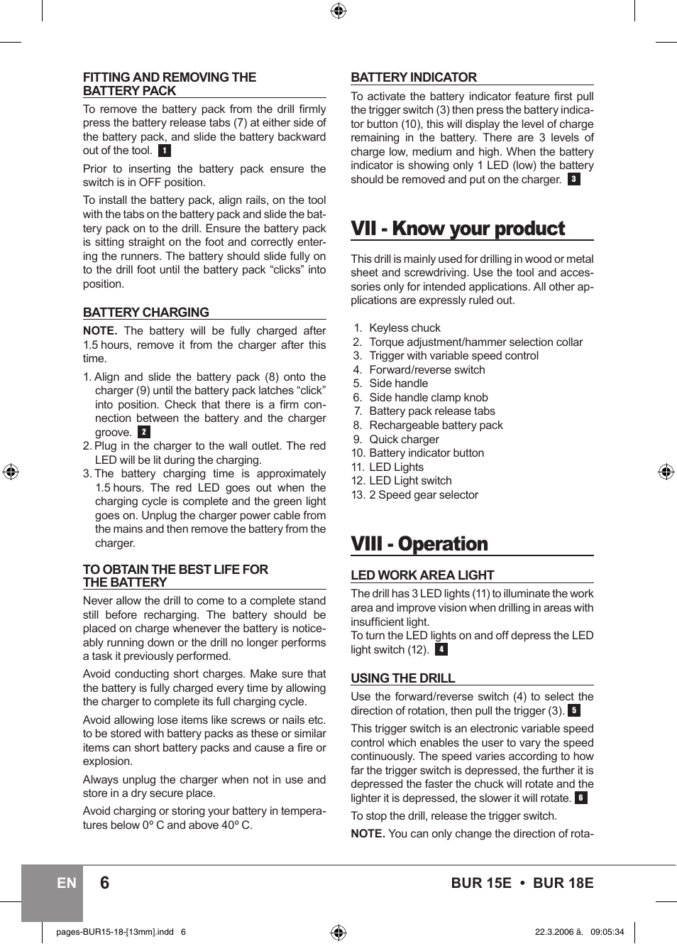 Vii - know your product, Viii - operation, Bur 15e • bur 18e en | Sparky Group BUR 15E User Manual | Page 6 / 40