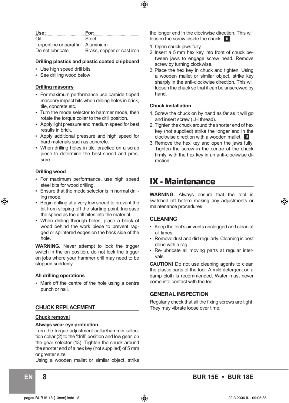 Ix - maintenance, Bur 15e • bur 18e en | Sparky Group BUR 15E User Manual | Page 8 / 40