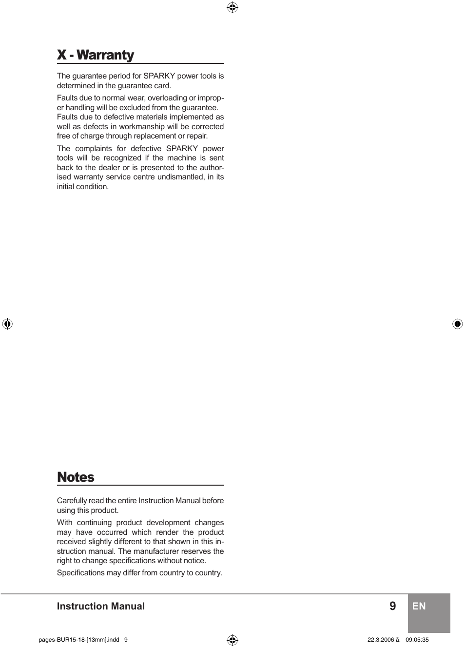 X - warranty | Sparky Group BUR 15E User Manual | Page 9 / 40