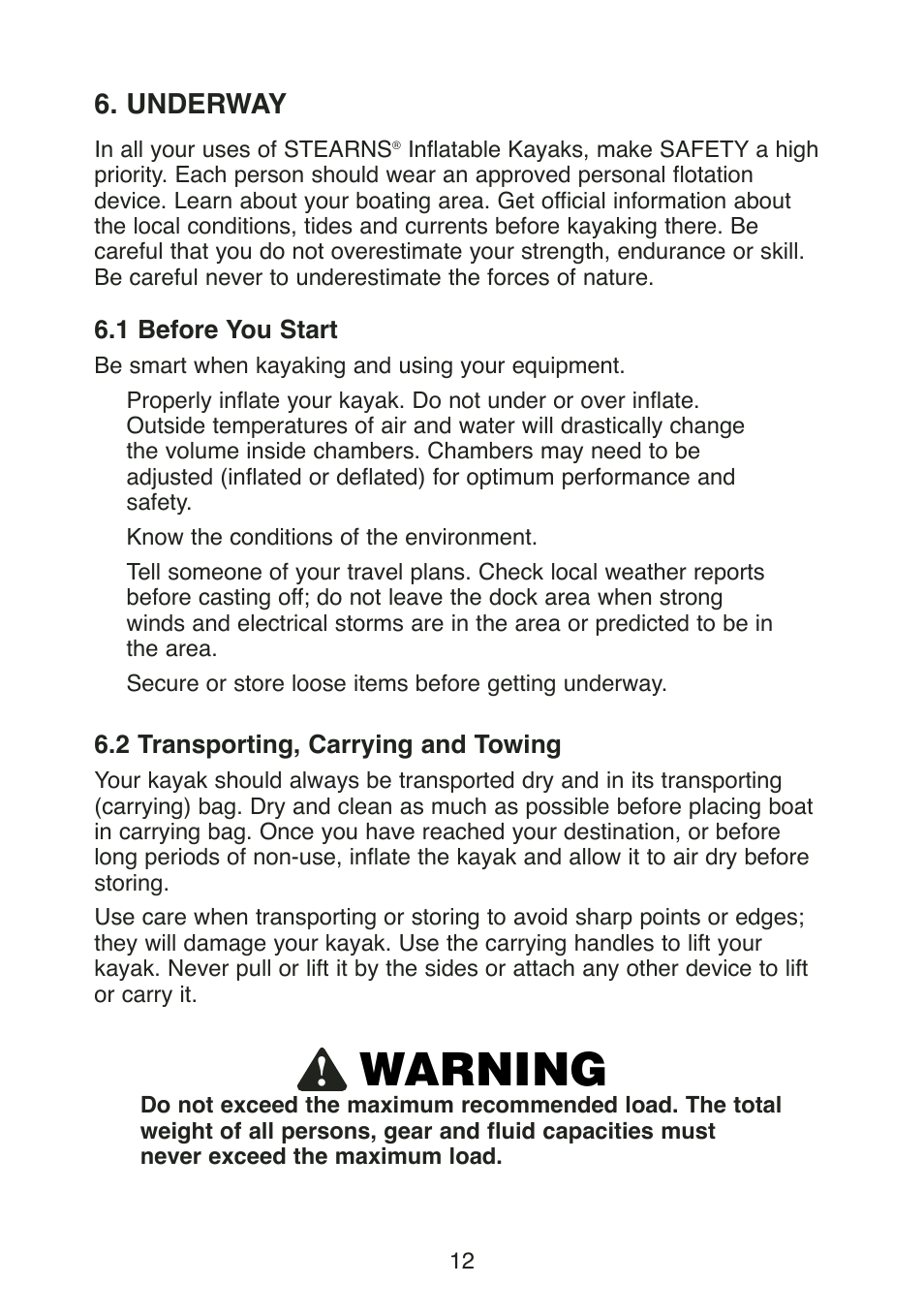 Warning, Underway | Stearns YUKATAT B523 User Manual | Page 14 / 20