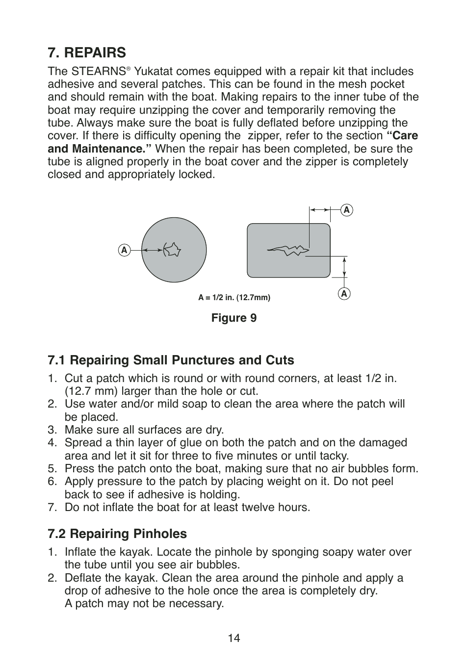Repairs, 1 repairing small punctures and cuts, 2 repairing pinholes | Stearns YUKATAT B523 User Manual | Page 16 / 20