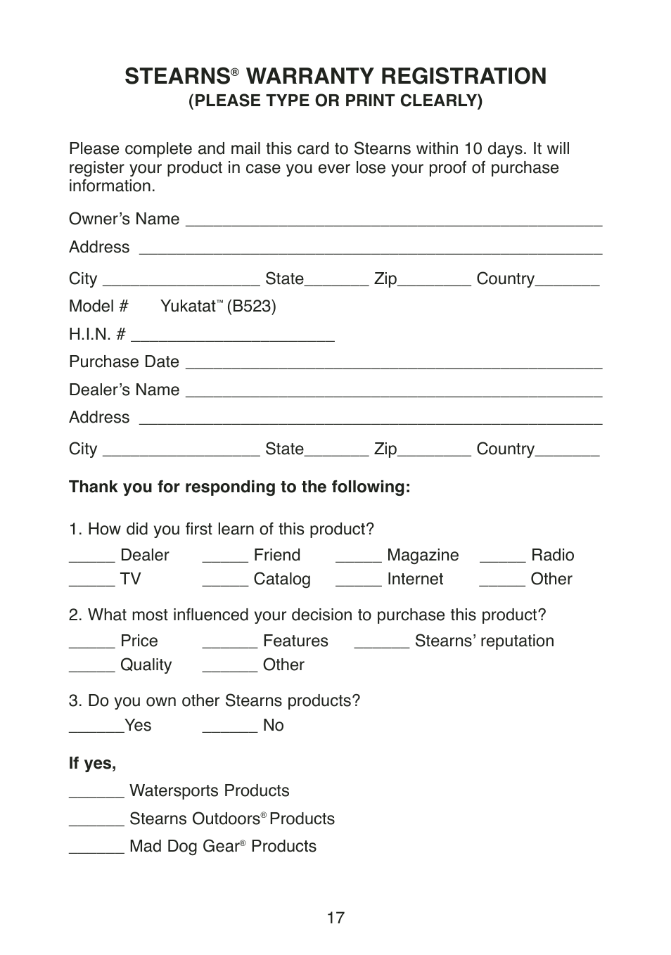 Stearns, Warranty registration | Stearns YUKATAT B523 User Manual | Page 19 / 20