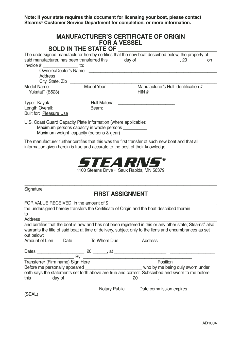 First assignment | Stearns YUKATAT B523 User Manual | Page 2 / 20
