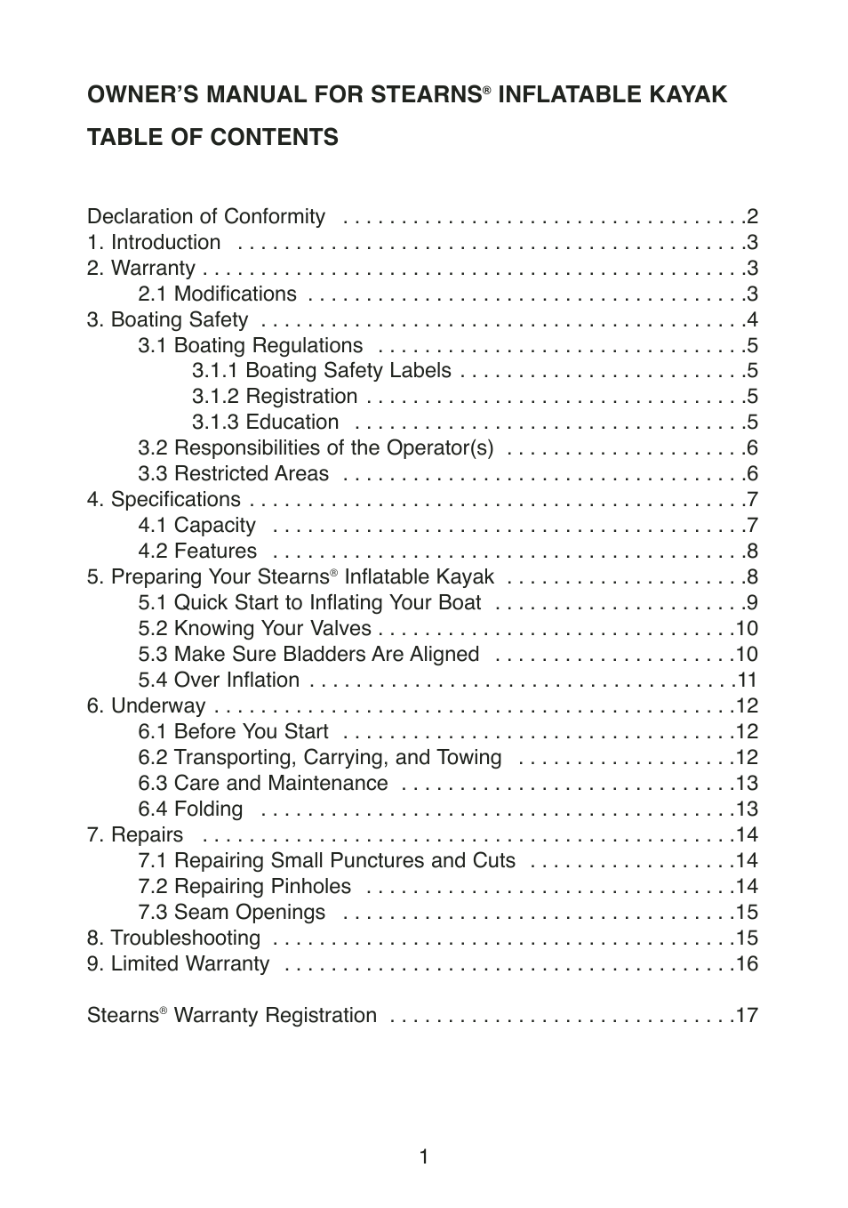 Owner’s manual for stearns, Inflatable kayak table of contents | Stearns YUKATAT B523 User Manual | Page 3 / 20