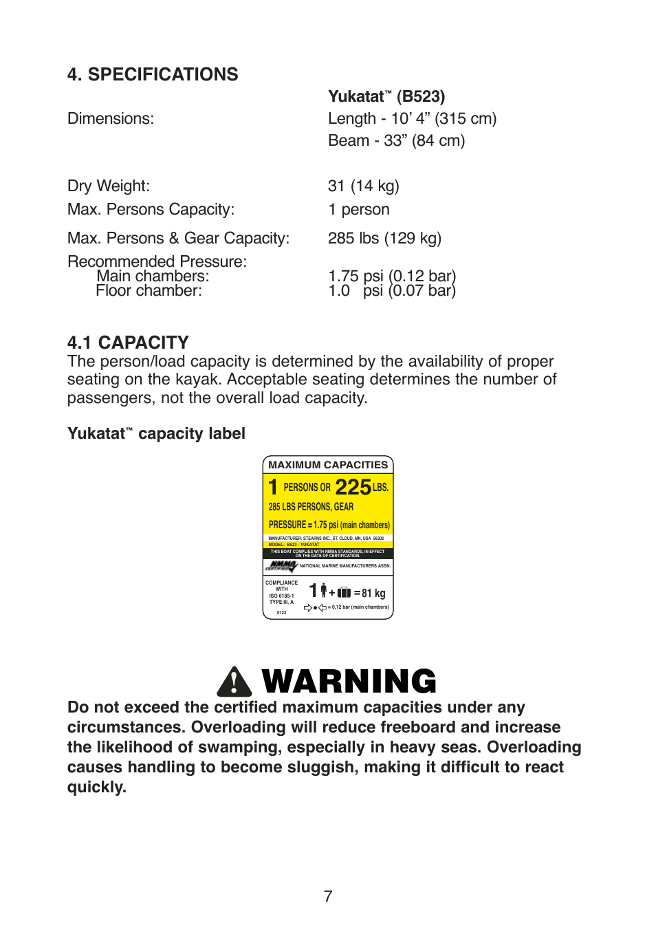 Warning, Specifications, 1 capacity | Yukatat | Stearns YUKATAT B523 User Manual | Page 9 / 20