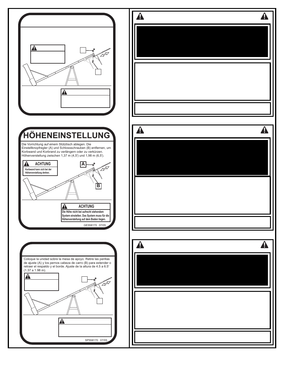Höheneinstellung, Sicherheitshinweise, Consignes de sécurité | Réglage de la hauteur, Ajuste de la altura, Instrucciones de seguridad | Spalding M5800041 User Manual | Page 17 / 27