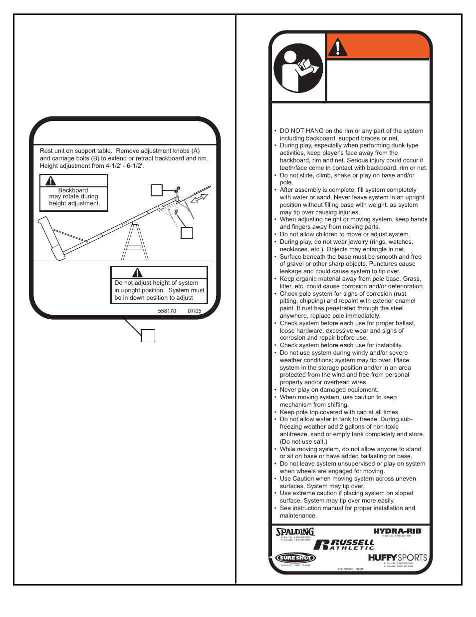 Warning, Height adjustment | Spalding M5800041 User Manual | Page 2 / 27