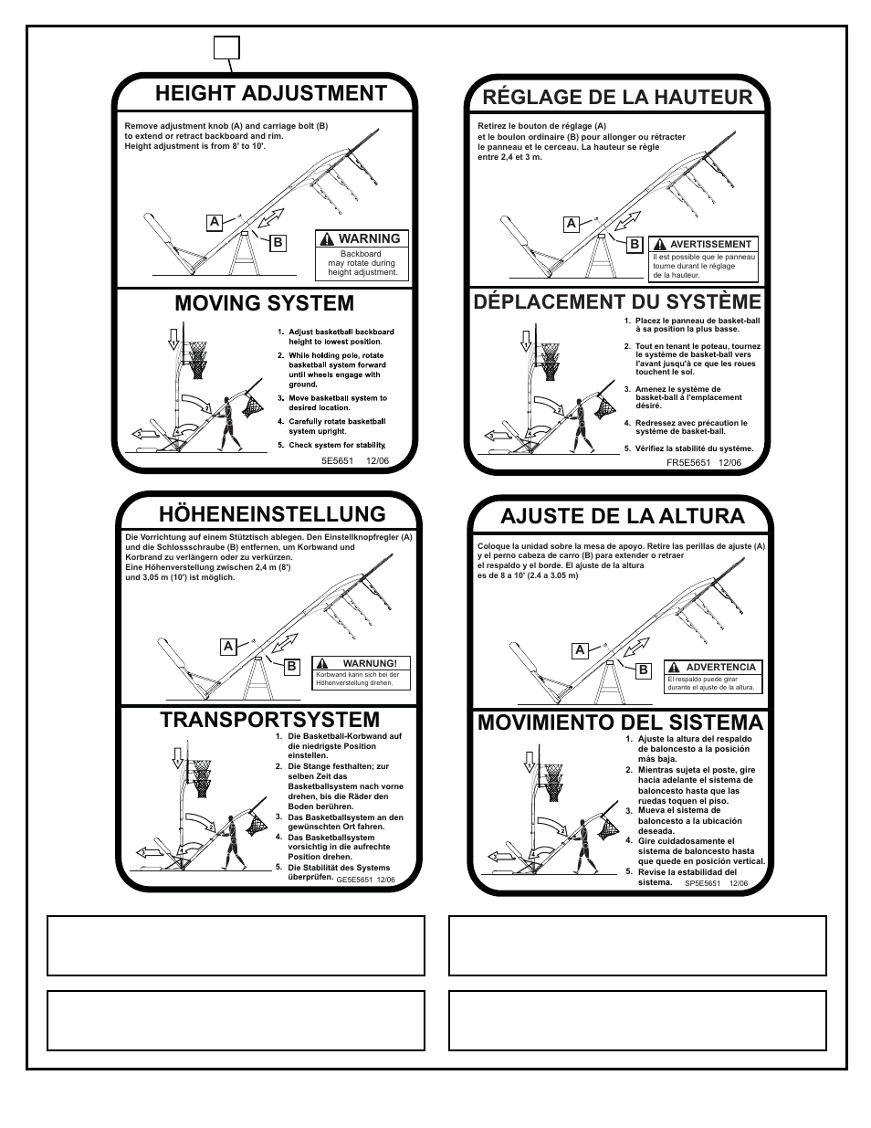 Moving system height adjustment, Transportsystem höheneinstellung, Movimiento del sistema ajuste de la altura | Réglage de la hauteur, Déplacement du système | Spalding M6525041 User Manual | Page 8 / 27