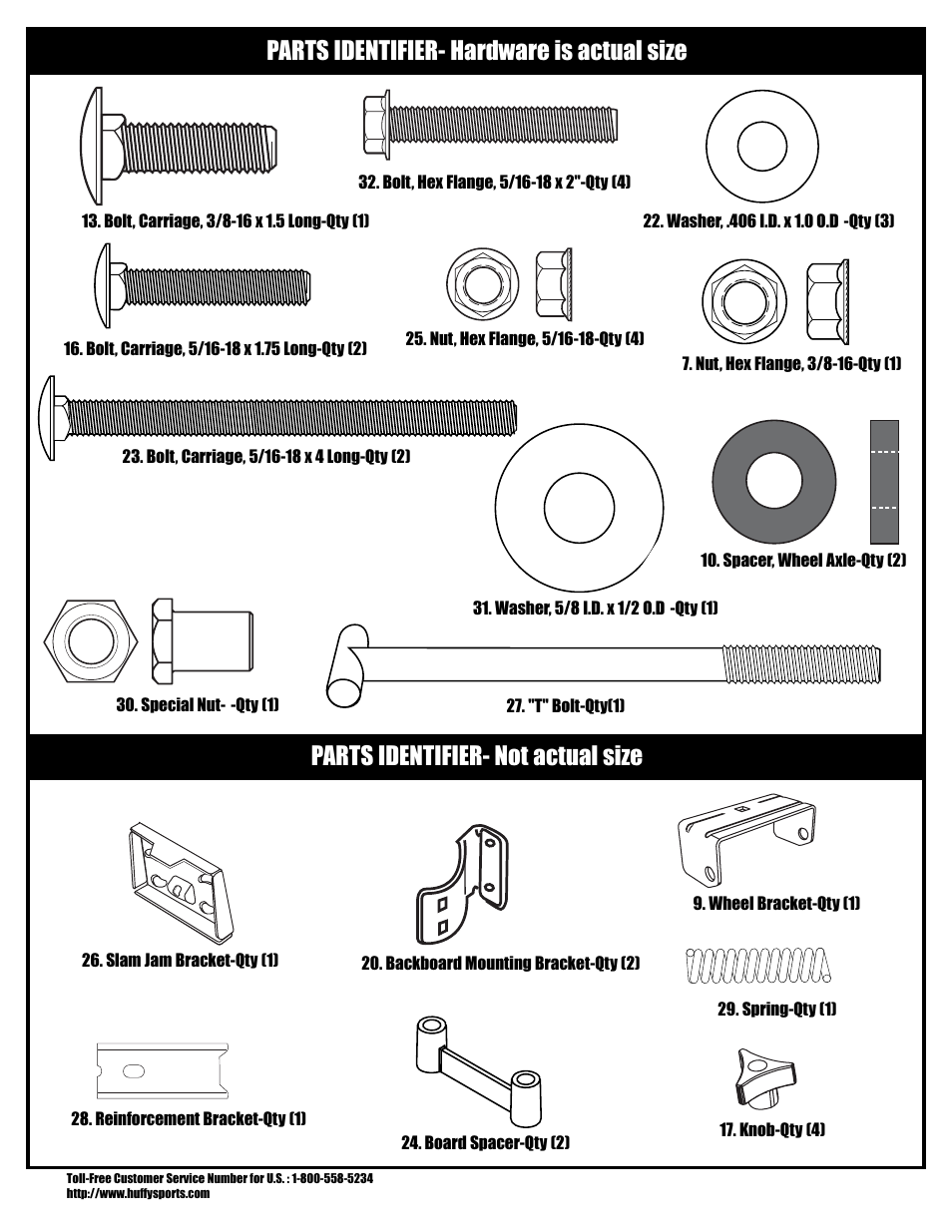 Parts identifier- hardware is actual size, Parts identifier- not actual size | Spalding 21173402 User Manual | Page 5 / 18