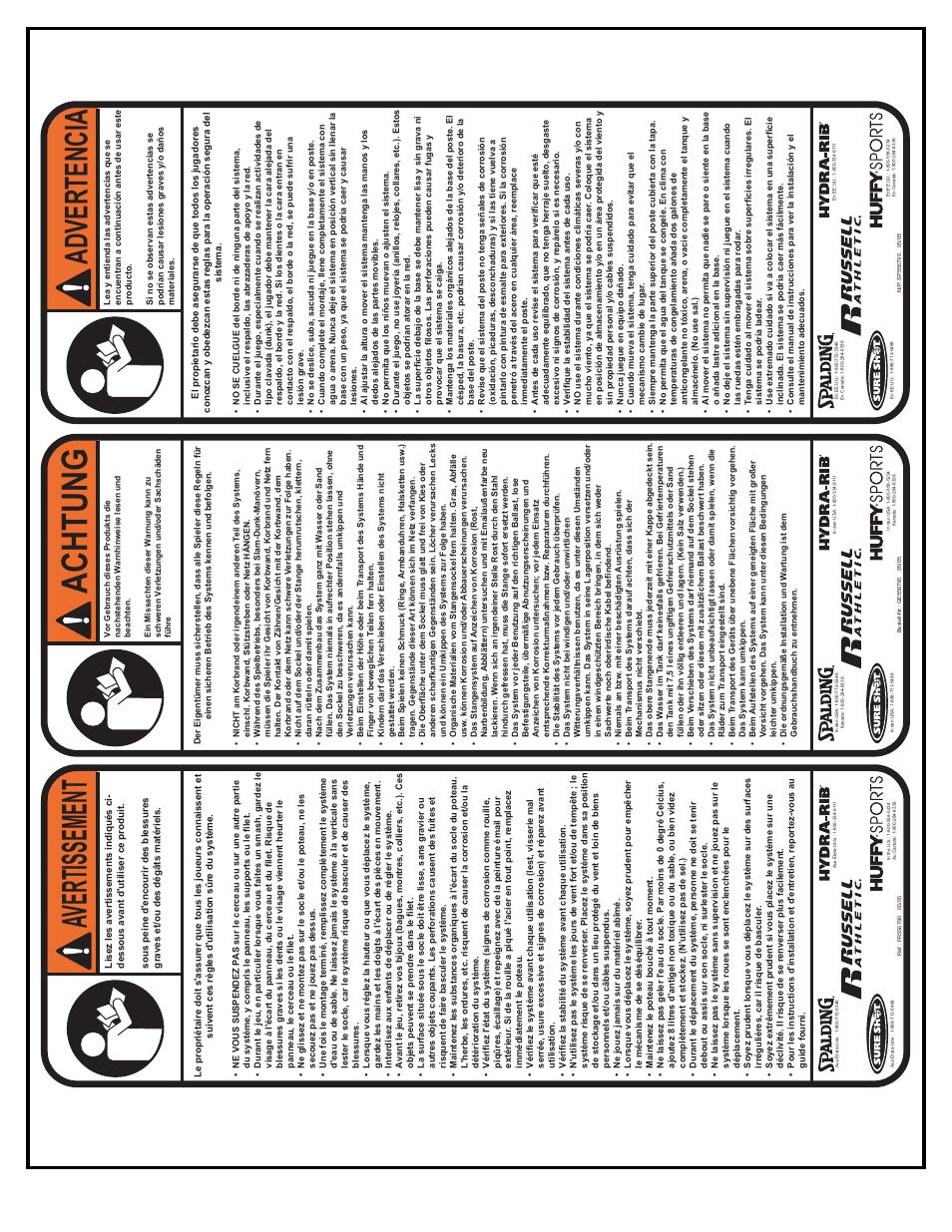Achtung, Av ertissement, Advertencia | Spalding M662034 User Manual | Page 5 / 37