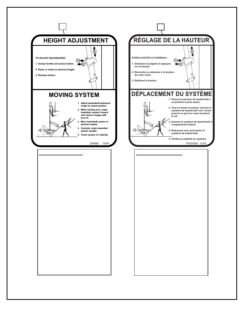 Moving system height adjustment, Déplacement du système réglage de la hauteur | Spalding M662034 User Manual | Page 8 / 37