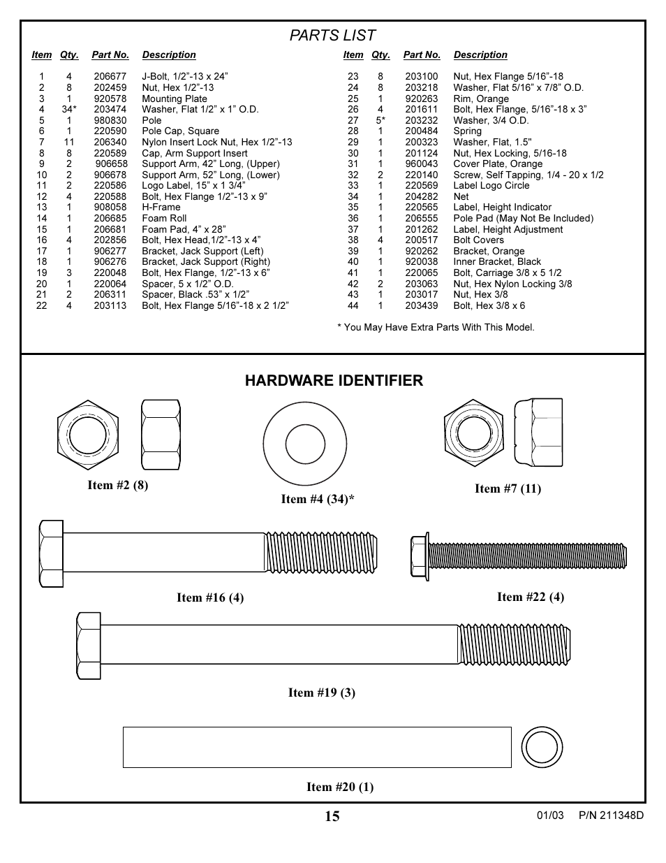 Parts list, Hardware identifier | Spalding 211348D User Manual | Page 15 / 16