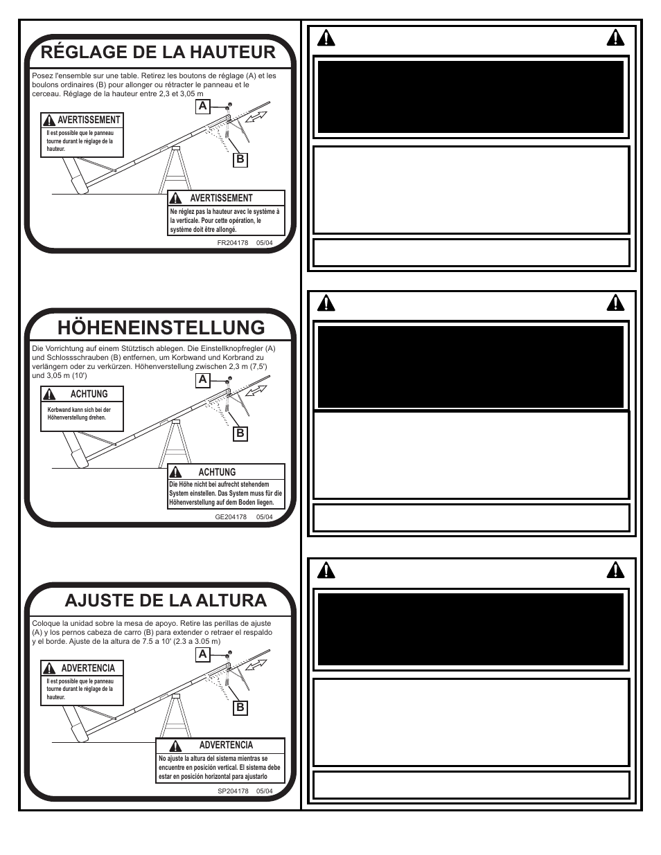 Höheneinstellung, Sicherheitshinweise, Consignes de sécurité | Réglage de la hauteur, Ajuste de la altura, Instrucciones de seguridad, Avertissement, Achtung, Advertencia | Spalding M581704 User Manual | Page 17 / 27