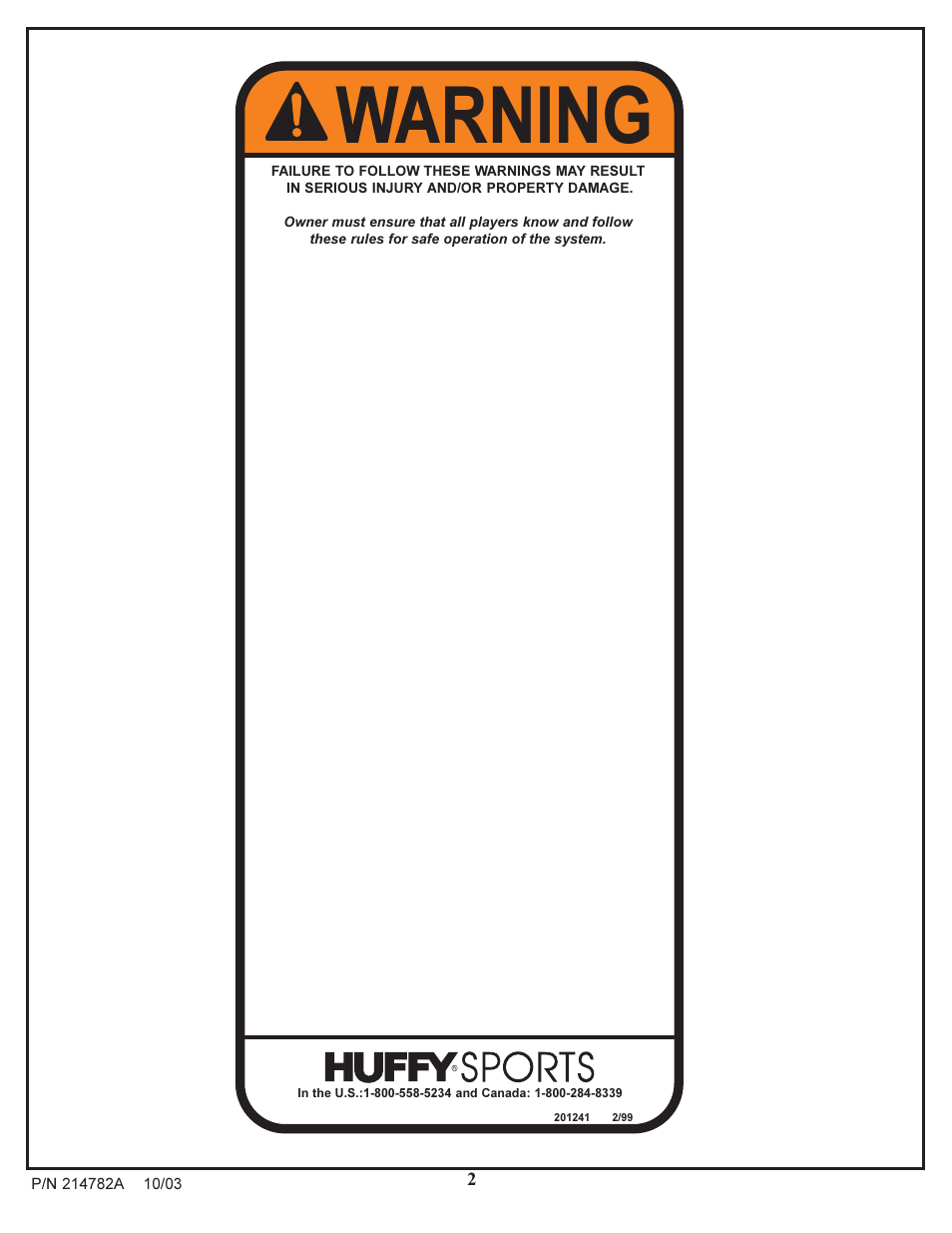 Warning | Spalding 214782A User Manual | Page 2 / 43