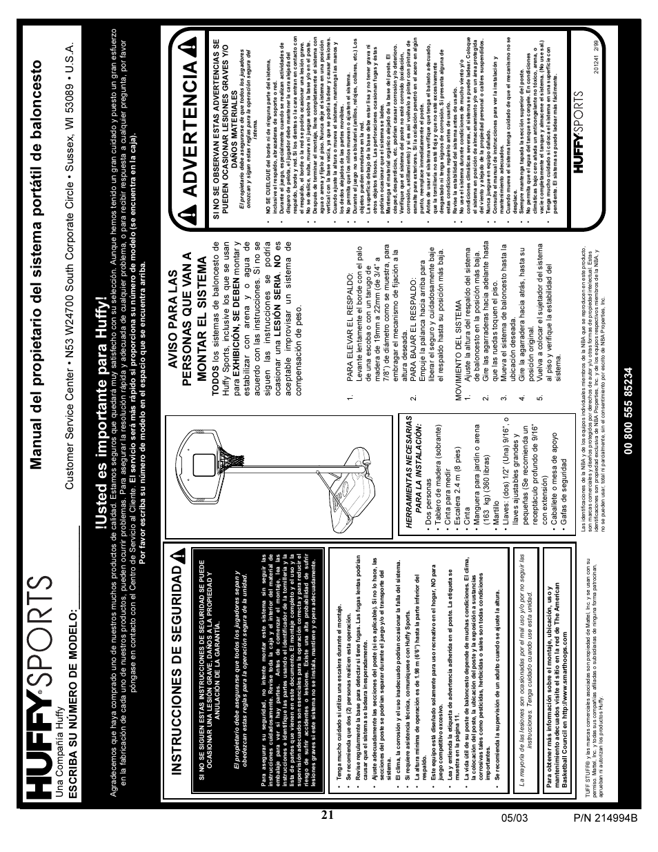 Advertencia, Instrucciones de seguridad, Escriba su número de modelo | Una compañía huffy | Spalding 214994B User Manual | Page 21 / 24