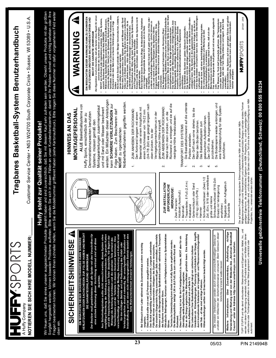 Warnung, Sicherheitshinweise, Tragbares basketball-system benutzerhandbuch | Huffy steht zur qualität seiner produkte, A huffy company | Spalding 214994B User Manual | Page 23 / 24