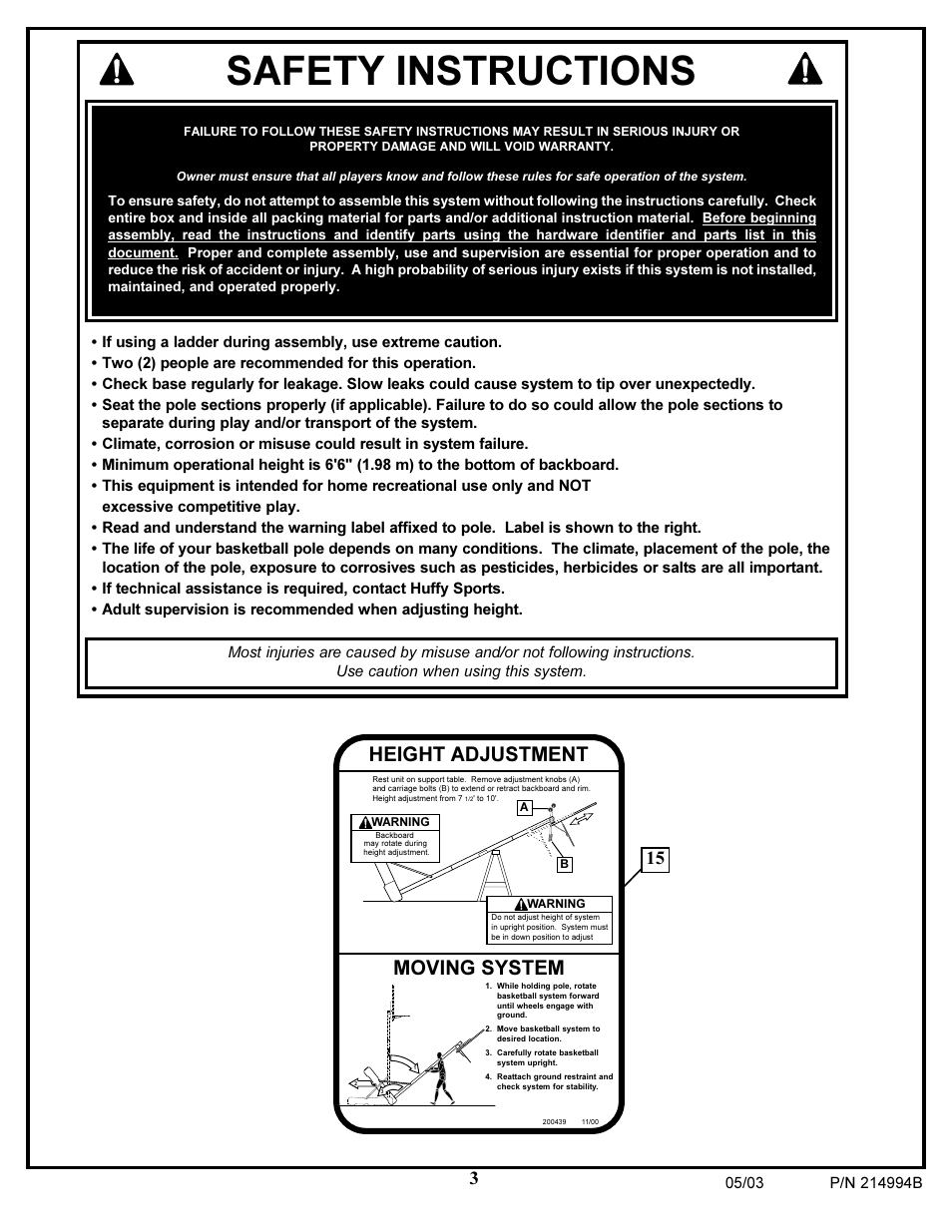 Safety instructions, Moving system, Height adjustment | Spalding 214994B User Manual | Page 3 / 24