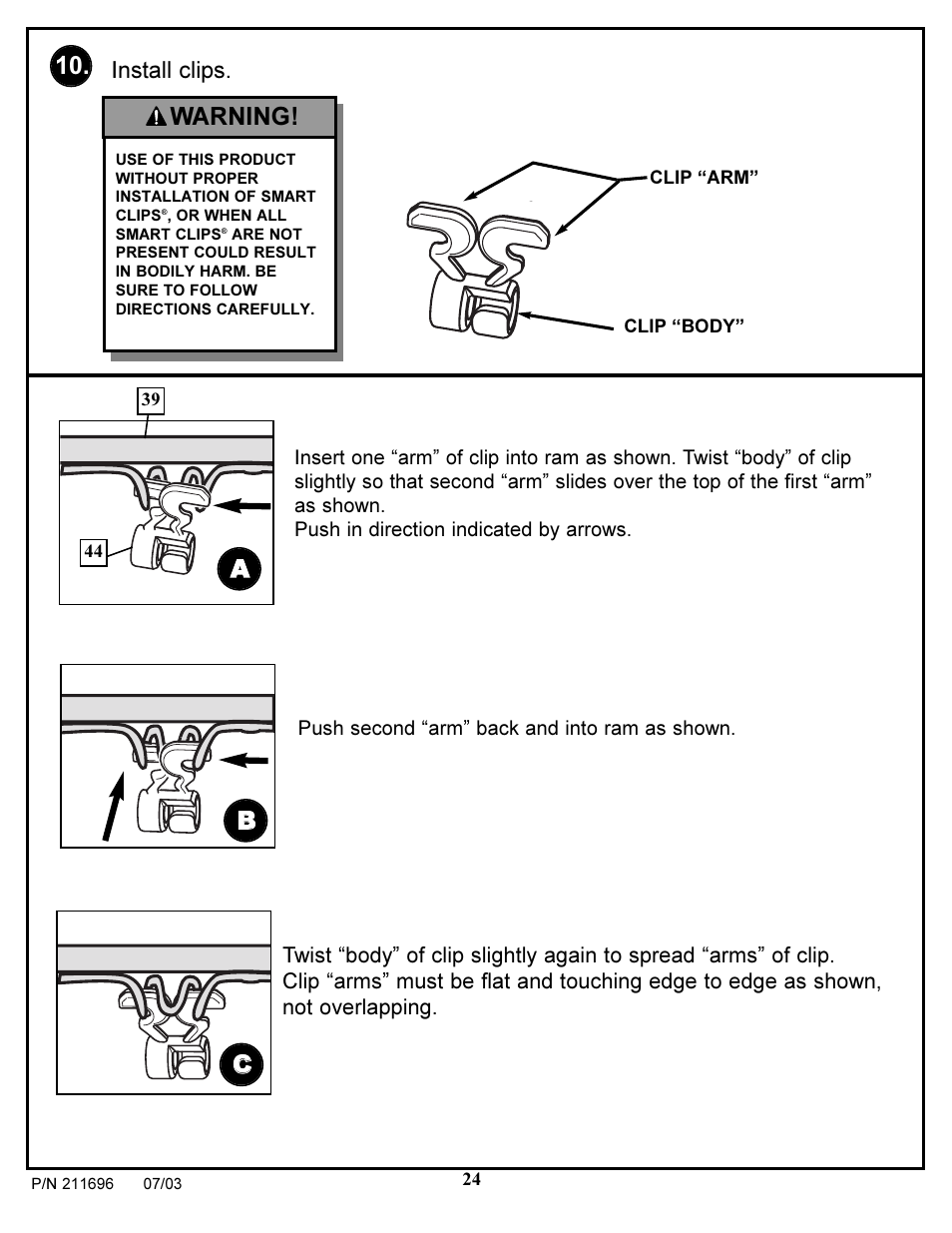 Ab b c c, Warning, Install clips | Spalding 211696 User Manual | Page 24 / 26