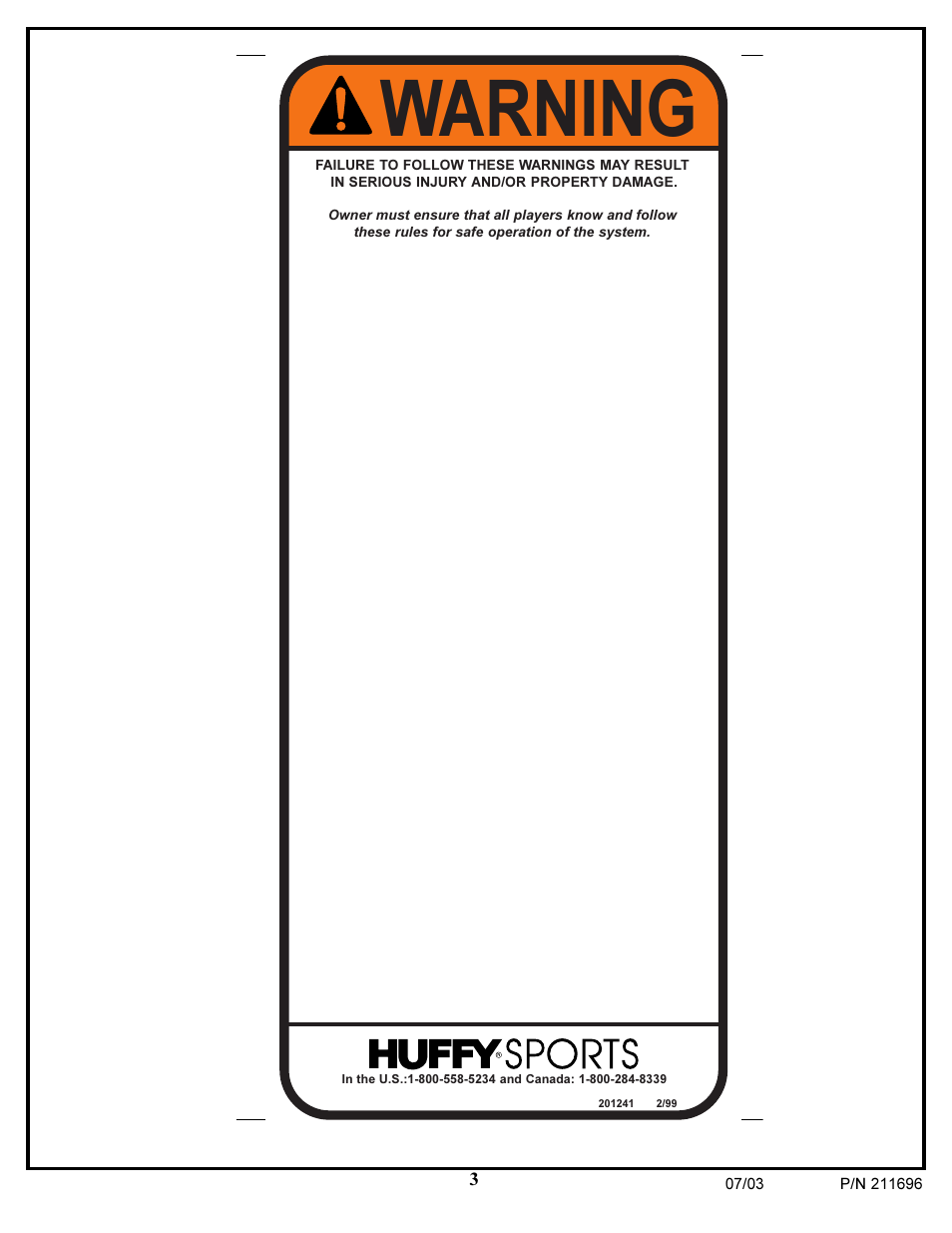 Warning | Spalding 211696 User Manual | Page 3 / 26