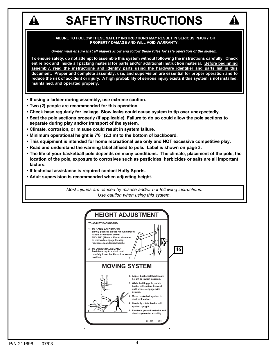 Safety instructions, Moving system, Height adjustment | Spalding 211696 User Manual | Page 4 / 26