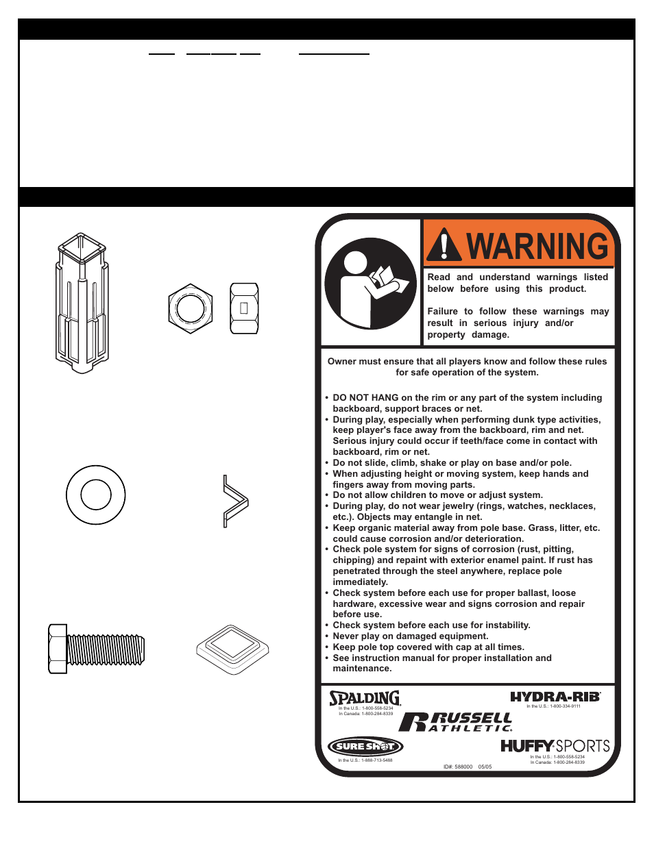 Warning, Parts list (see parts identifier) | Spalding 21112201 User Manual | Page 2 / 10