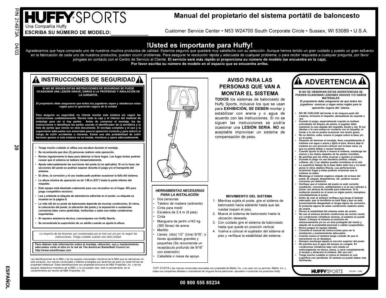 Advertencia, Instrucciones de seguridad, Escriba su número de modelo | Una compañía huffy | Spalding 214973A User Manual | Page 20 / 25