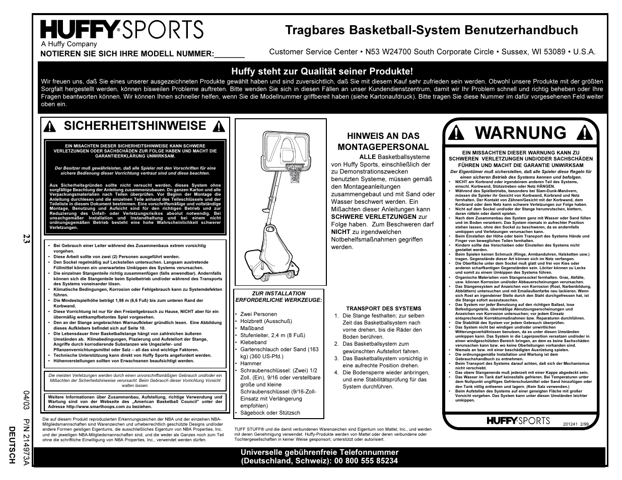 Warnung, Sicherheitshinweise, Tragbares basketball-system benutzerhandbuch | Huffy steht zur qualität seiner produkte, Hinweis an das montagepersonal, A huffy company | Spalding 214973A User Manual | Page 23 / 25