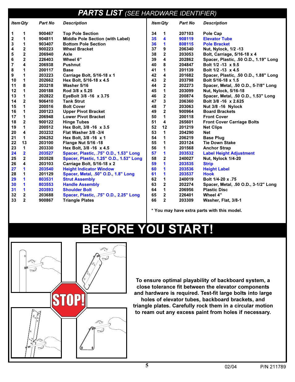 Before you start, Parts list, See hardware identifier) | Spalding 211789 User Manual | Page 5 / 32
